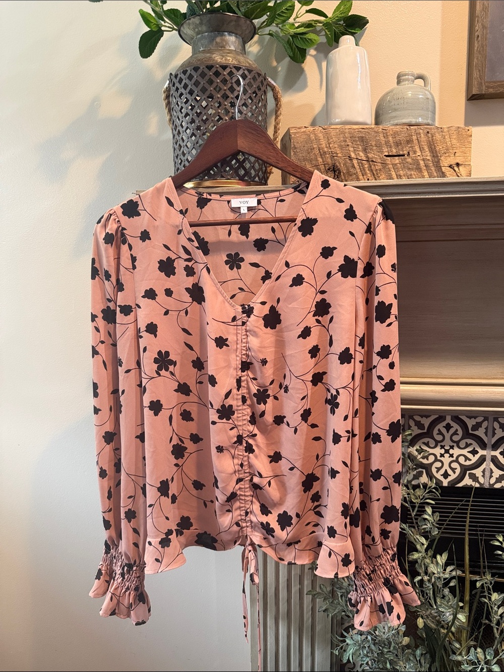 Ruched Front Floral Blouse in Dusty Pink